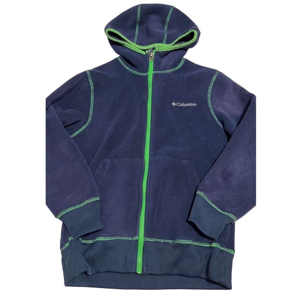 Columbia navy blue fleece jacket coat hoodie EUC 8 green trim
